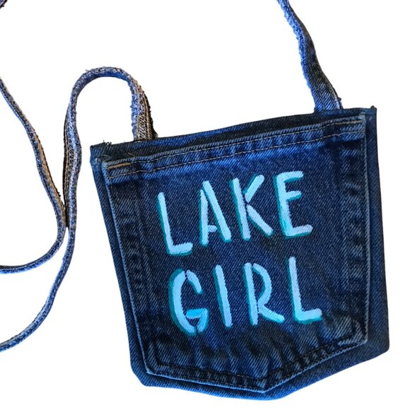 Handmade Crossbody Bag: Lake Girl Theme Cell Phone Holder, Recycled Denim Purse - Picture 1 of 11